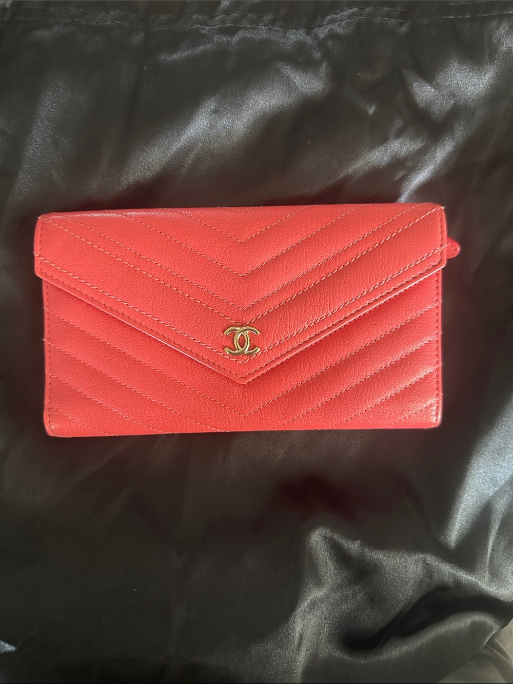 CHANEL Chevron Envelope Wallet in Coral with Gold CC